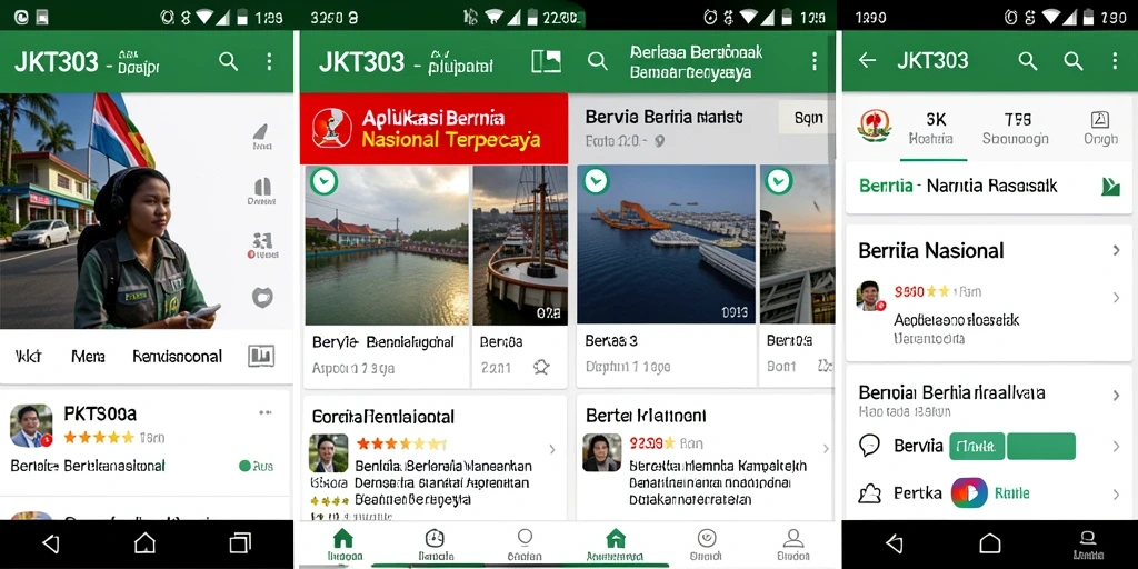 Tampilan aplikasi JKT303 dengan berita terkini dan kategori menarik.