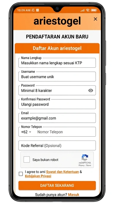 Tampilan halaman daftar ariestogel